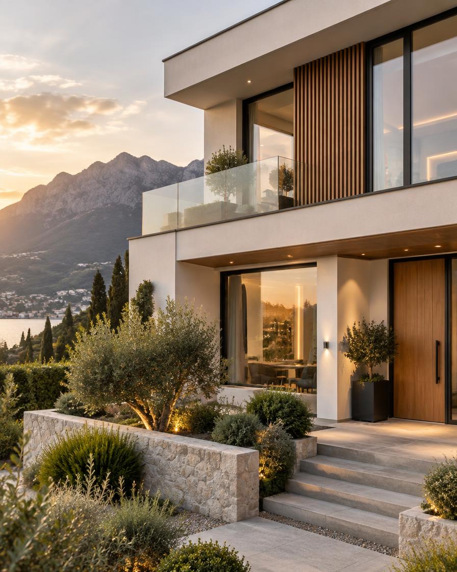 Tamamlanmış modern villa cephesi, geniş cam yüzeyler ve peyzaj