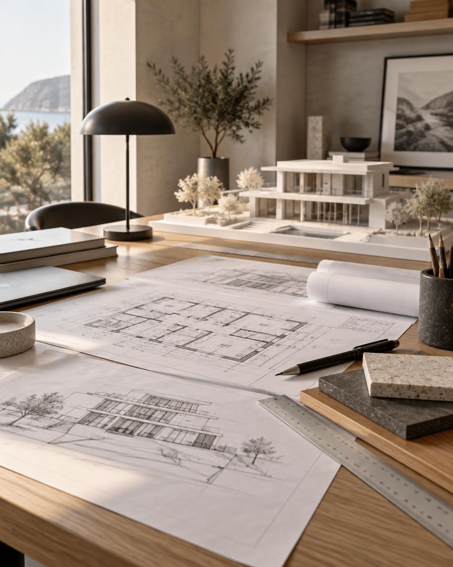 Masada hafif çelik teknik çizimler ve arka planda modern villa maketi